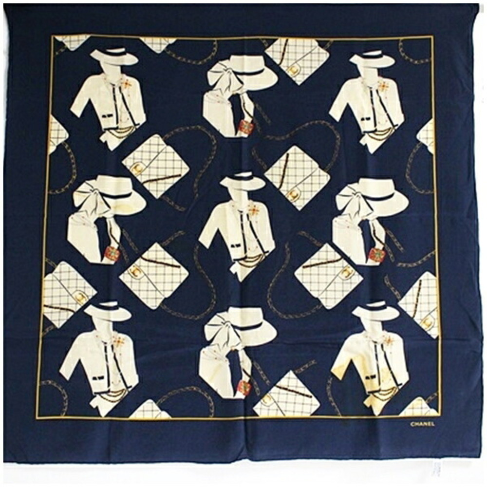 Chanel Silk Scarf Muffler Navy x White Bag Pattern CHANEL Women's
